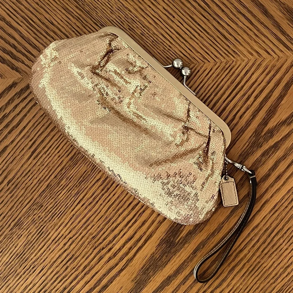 COACH Julia Gold Sequin Kisslock Frame Clutch Wristlet